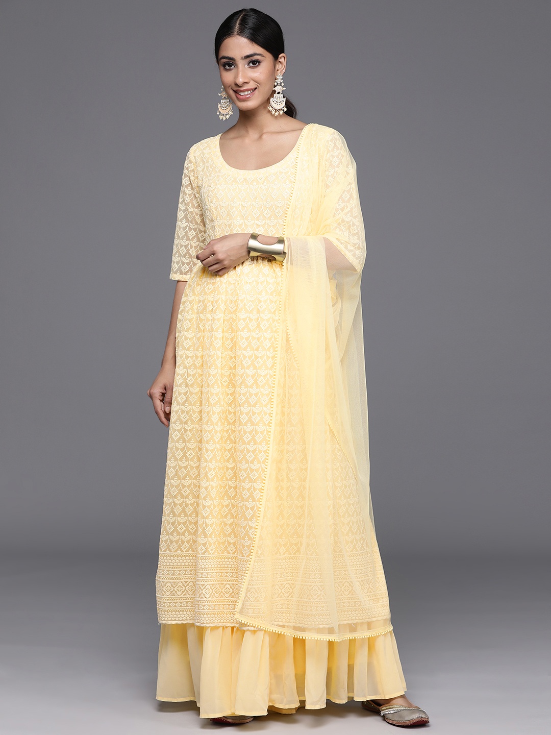 

Libas Women Ethnic Motifs Embroidered Chikankari Kurta with Palazzos & Dupatta, Yellow