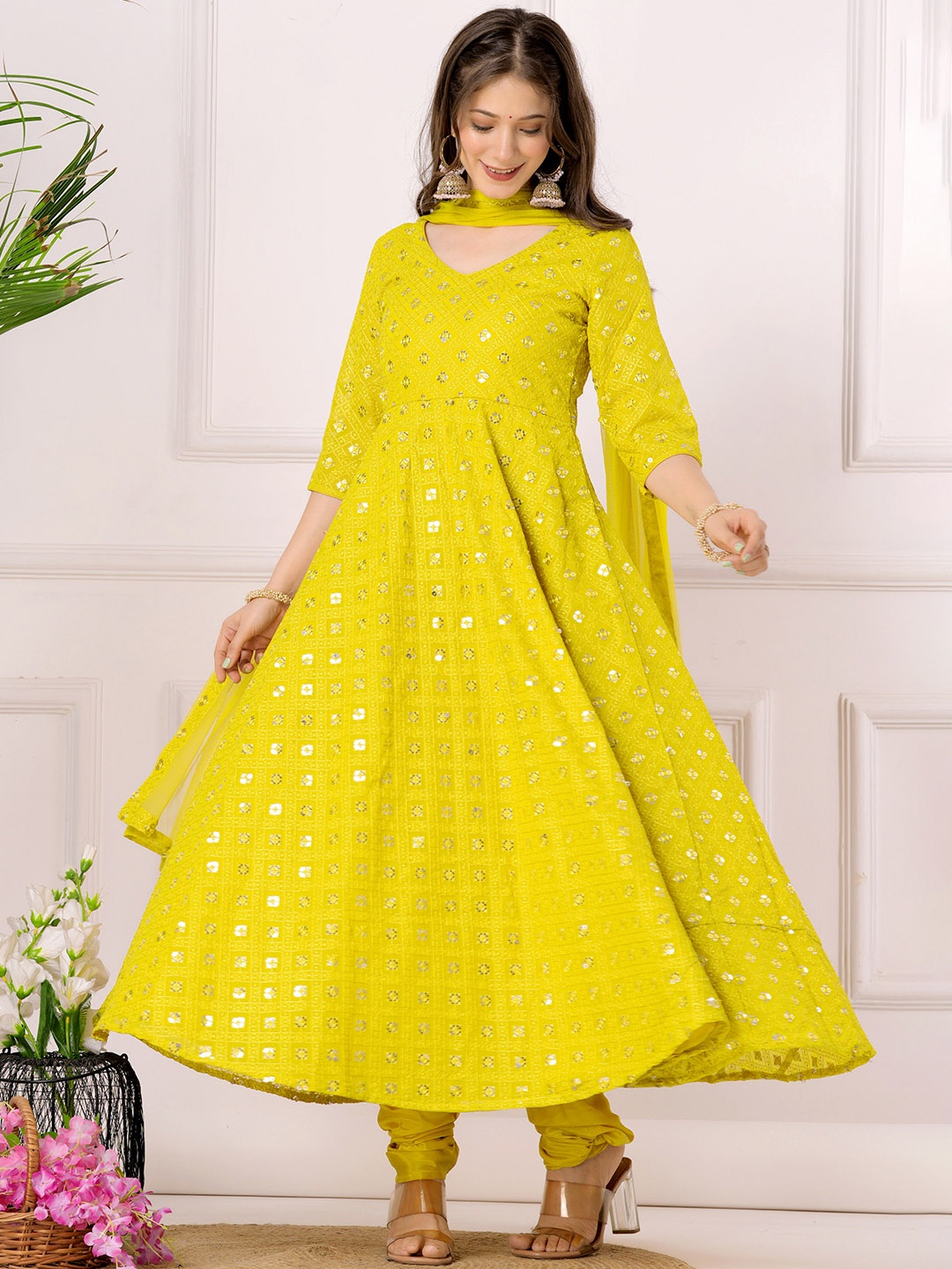 

Libas Women Ethnic Motifs Embroidered Sequinned Kurta with Churidar & With Dupatta, Mustard