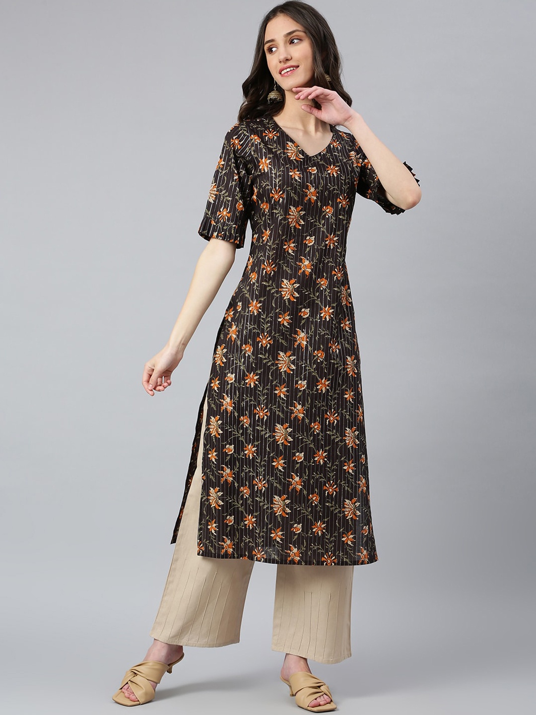 

Idalia V-Neck Floral Printed Straight Pure Cotton Kurta, Coffee brown