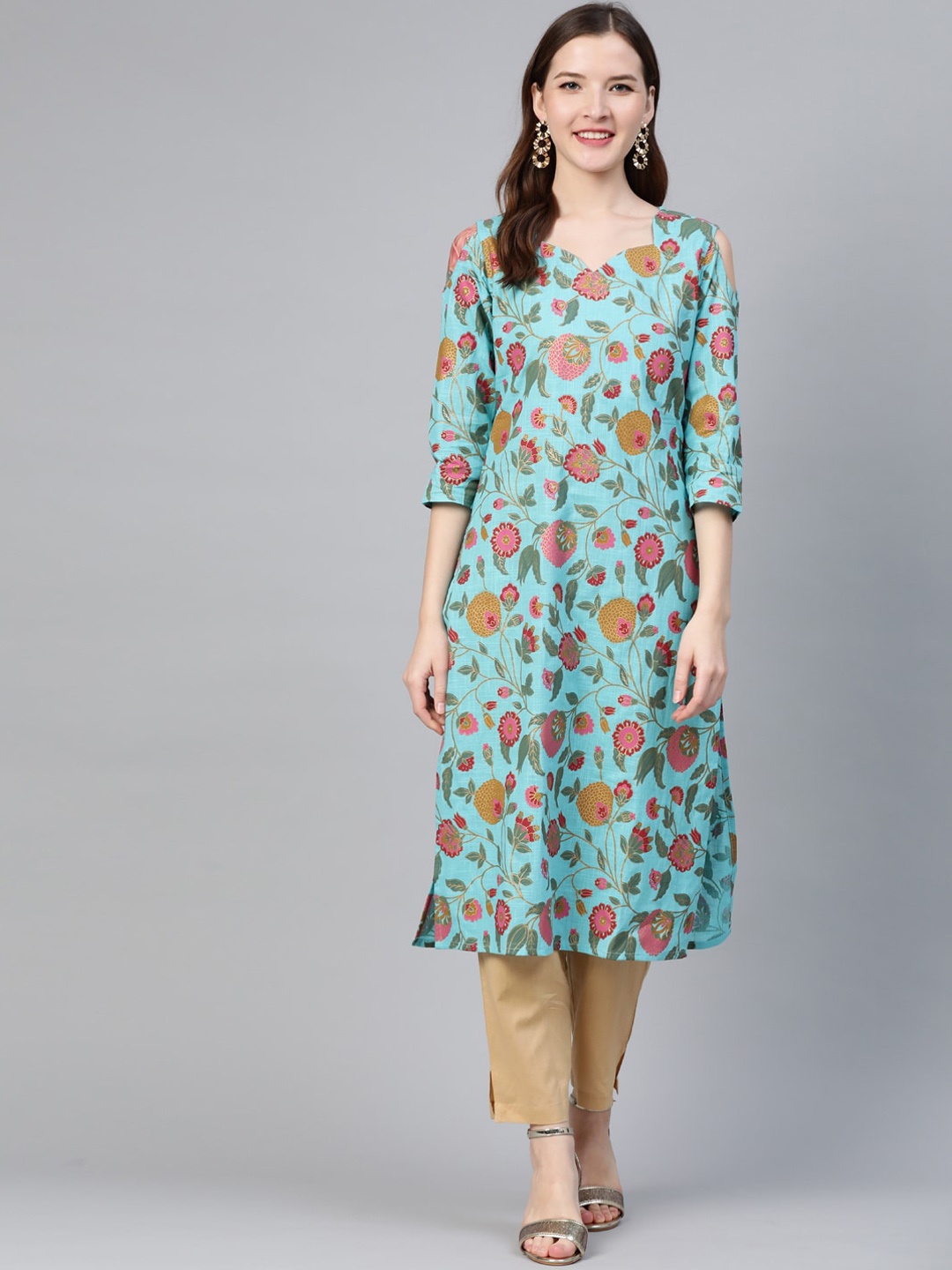 

Idalia Sweetheart Neck Floral Printed Pure Cotton Kurta, Turquoise blue