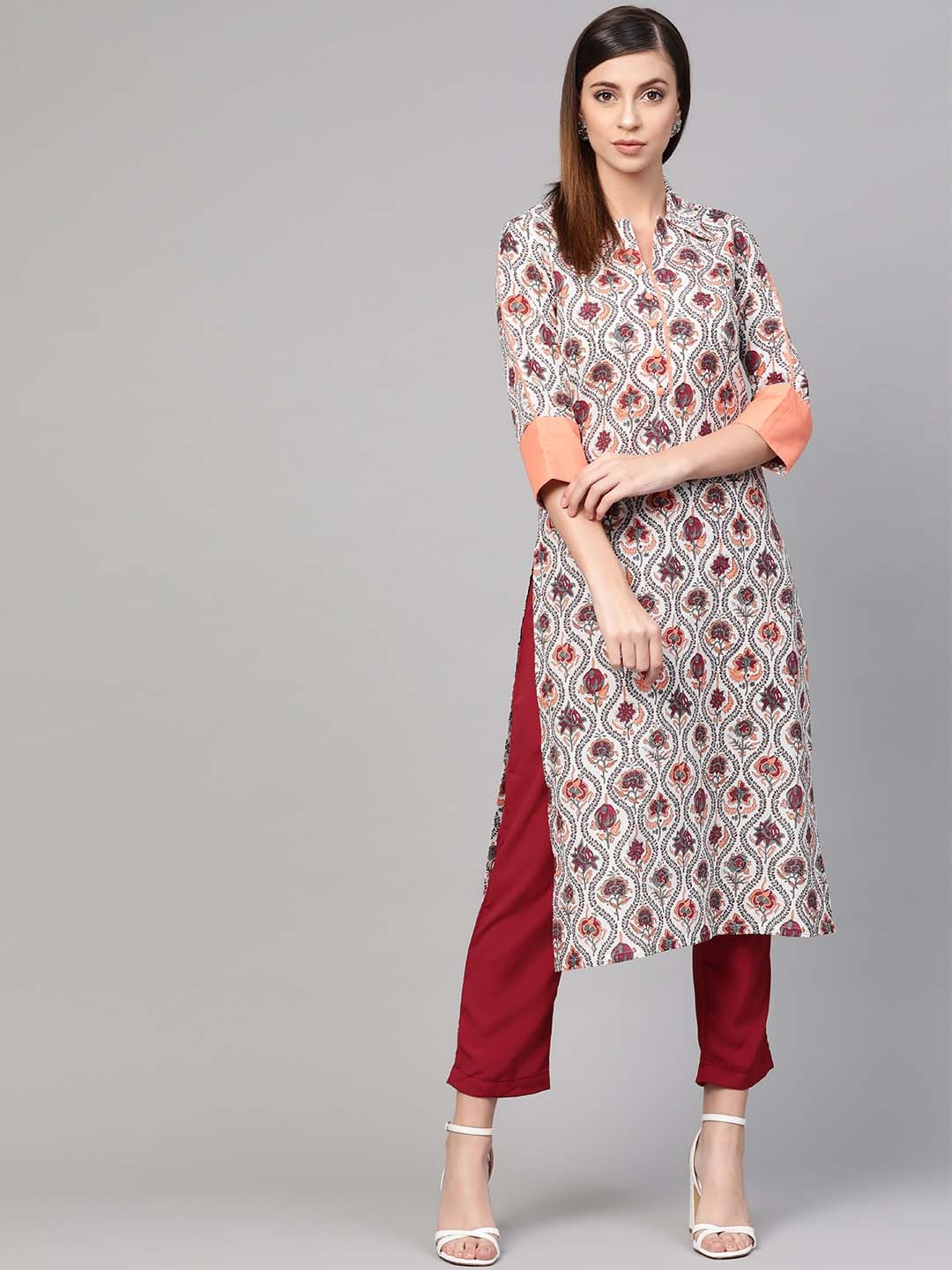 

Idalia Shirt Collar Floral Printed Pure Cotton Kurta, White