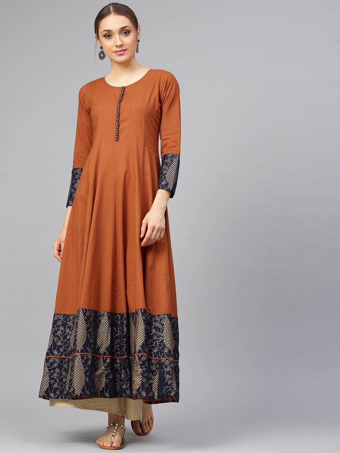

Idalia Ethnic Motifs Printed A-Line Pure Cotton Kurta, Brown