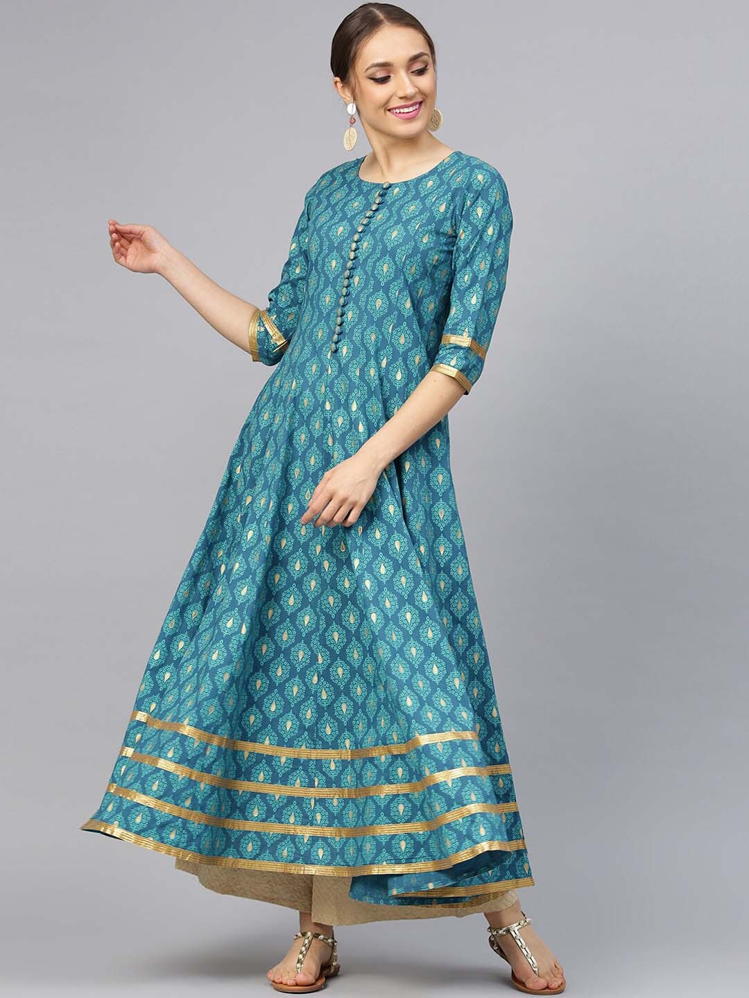 

Idalia Ethnic Motifs Printed Anarkali Pure Cotton Kurta, Turquoise blue