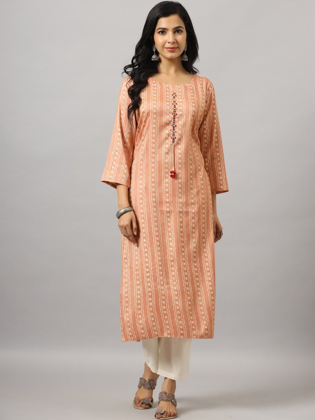 

Amchoor Striped Mirror Work Straight Kurta, Peach