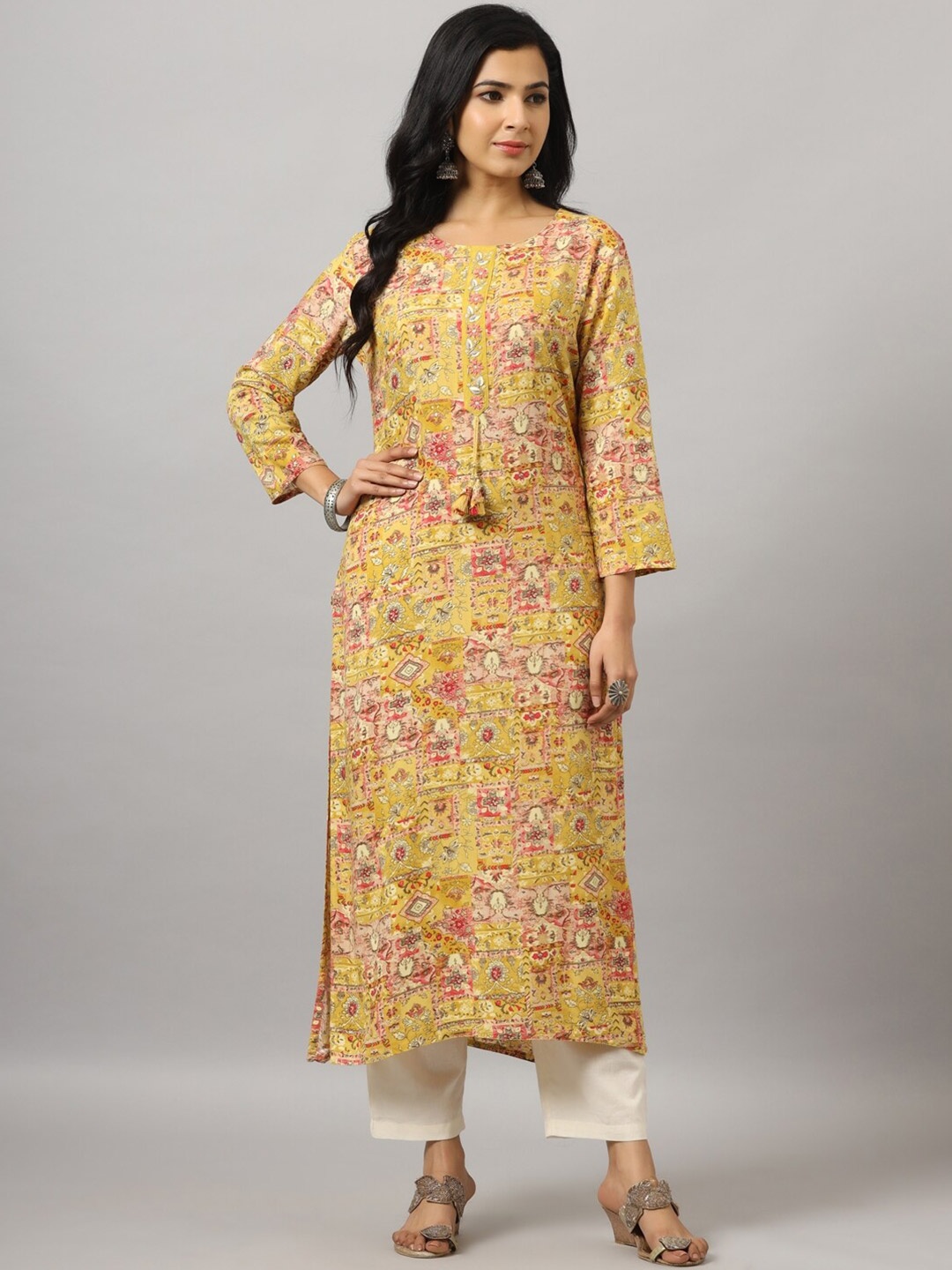 

Amchoor Ethnic Motifs Printed Thread Work Kurta, Mustard