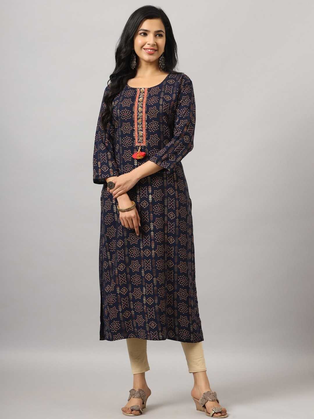 

Amchoor Ethnic Motifs Printed Thread Work Beads & Stones Kurta, Navy blue