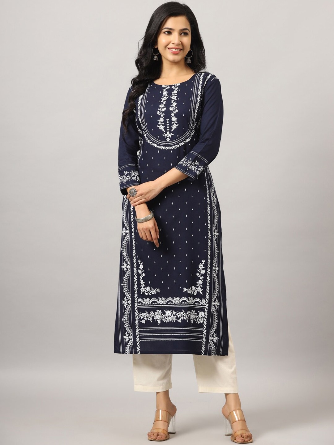 

Amchoor Ethnic Motifs Printed Panelled Kurta, Navy blue