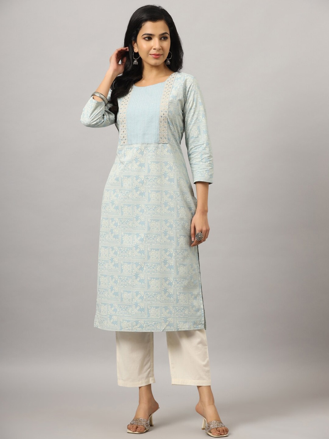

Amchoor Ethnic Motifs Printed Thread Work Beads & Stones Kurta, Blue