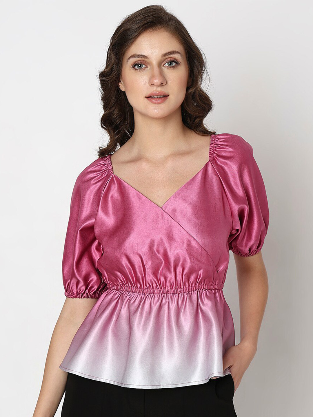 

Vero Moda Ombre Tie & Dye Sweetheart Neck Puff Sleeve Peplum Top, Pink