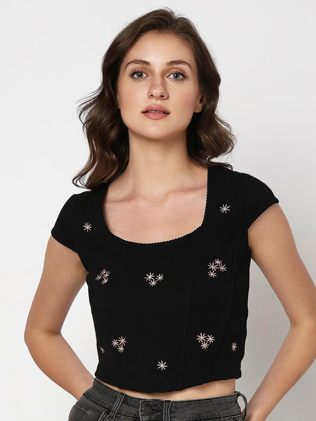 

Vero Moda Embroidered Cotton Fitted Crop Top, Black