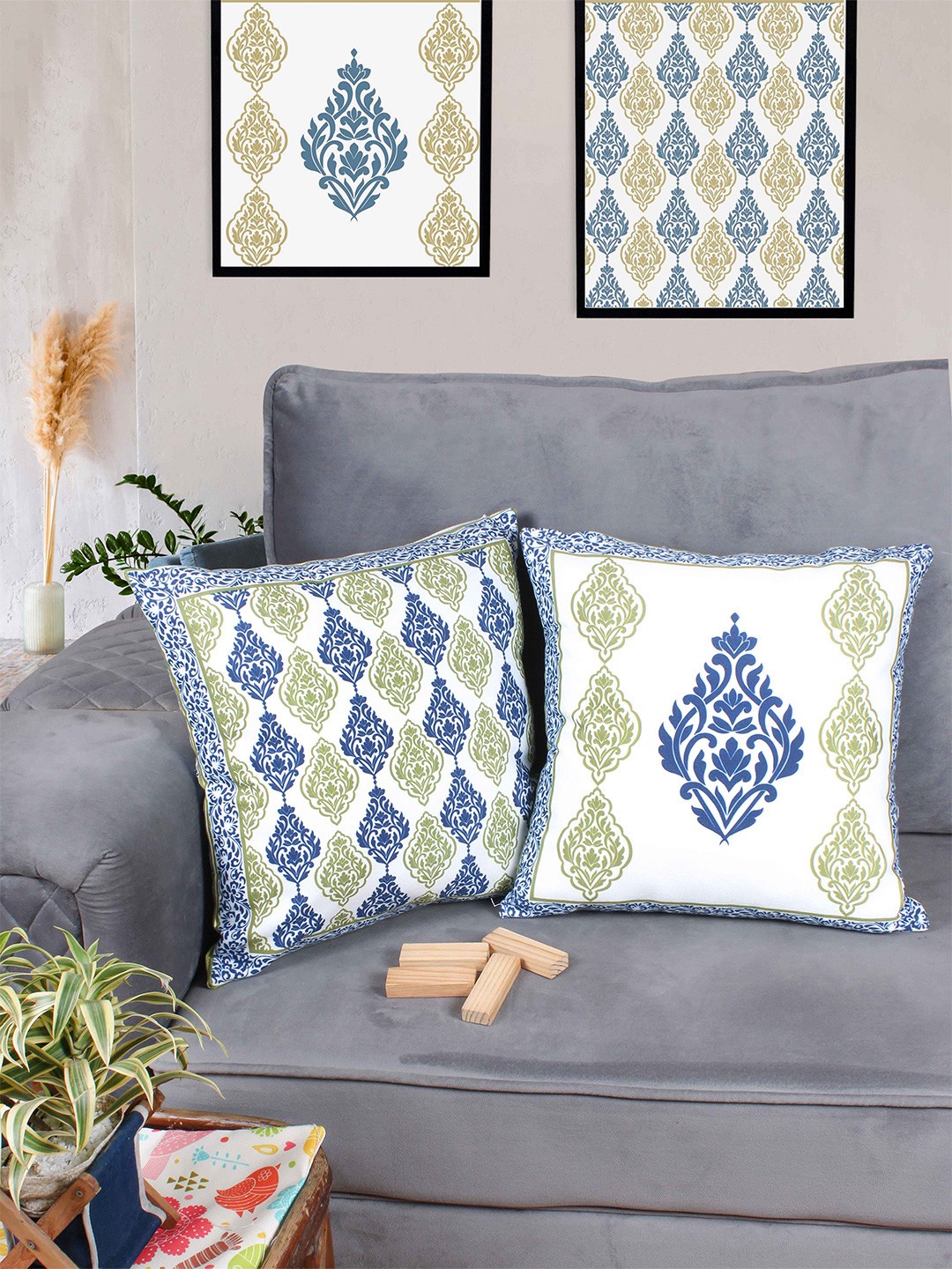 

STITCHNEST Blue & White 2 Pieces Ethnic Motifs Square Cushion Covers