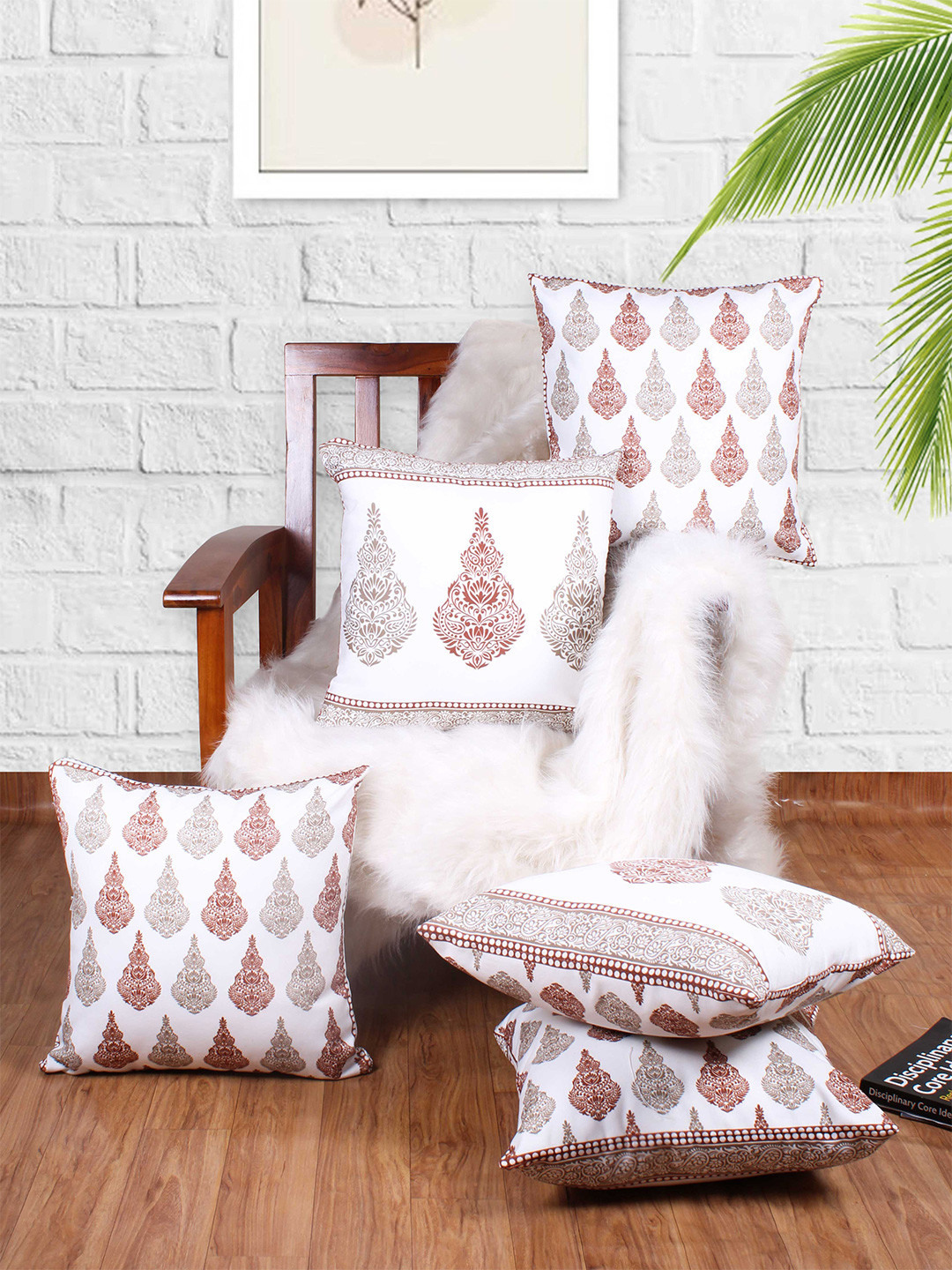 

STITCHNEST White & Brown 5 Pieces Ethnic Motifs Square Cushion Covers