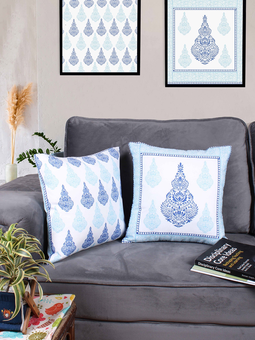

STITCHNEST White & Blue 2 Pieces Ethnic Motifs Square Cushion Covers