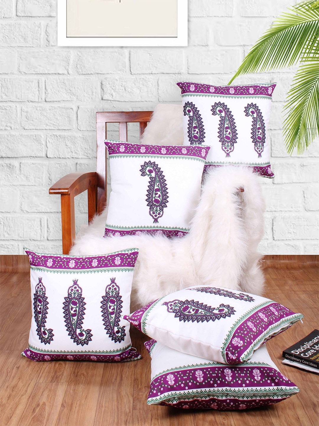 

STITCHNEST Pink & White 5 Pieces Ethnic Motifs Square Cushion Covers