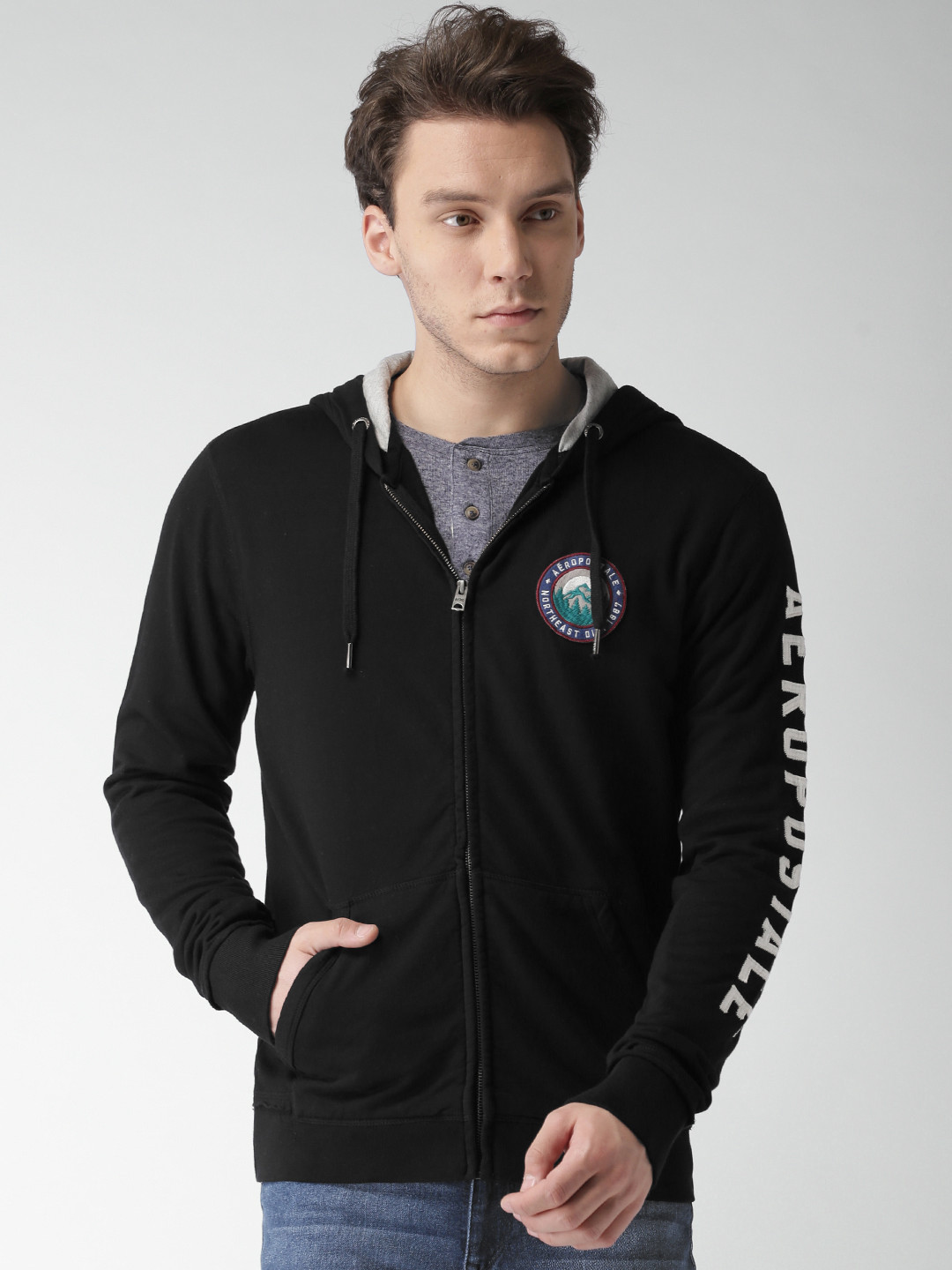 

Aeropostale Men Black Solid Hooded Sweatshirt