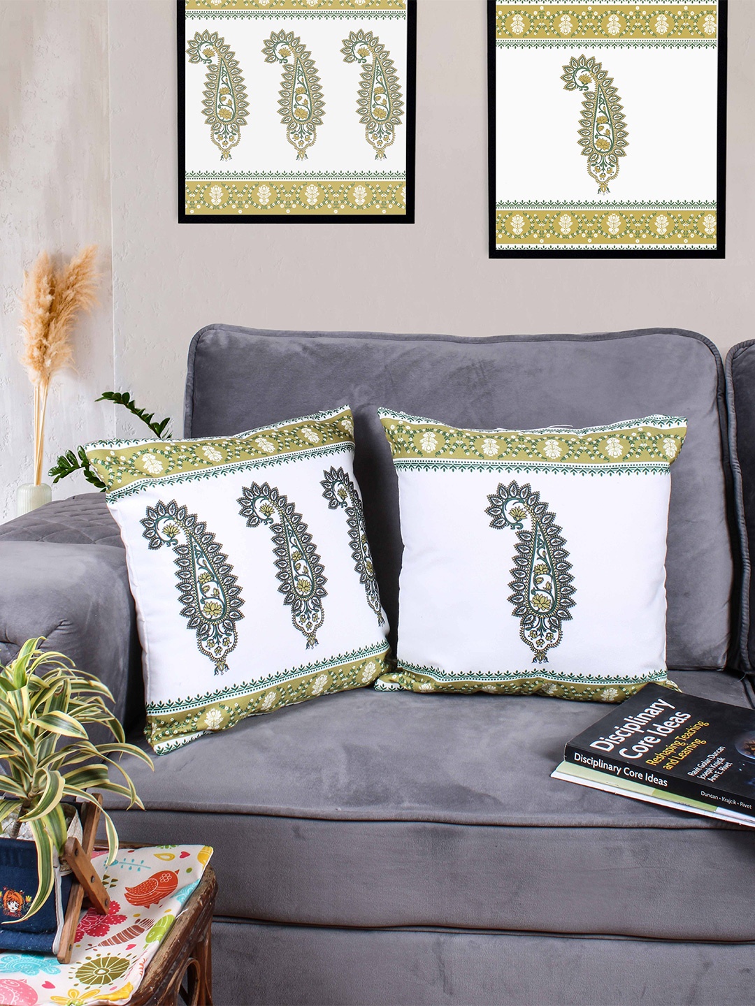 

STITCHNEST Yellow & White 2 Pieces Ethnic Motifs Square Cushion Covers