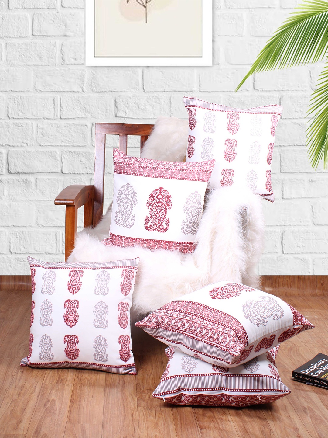 

STITCHNEST Red & White 5 Pieces Ethnic Motifs Square Cushion Covers