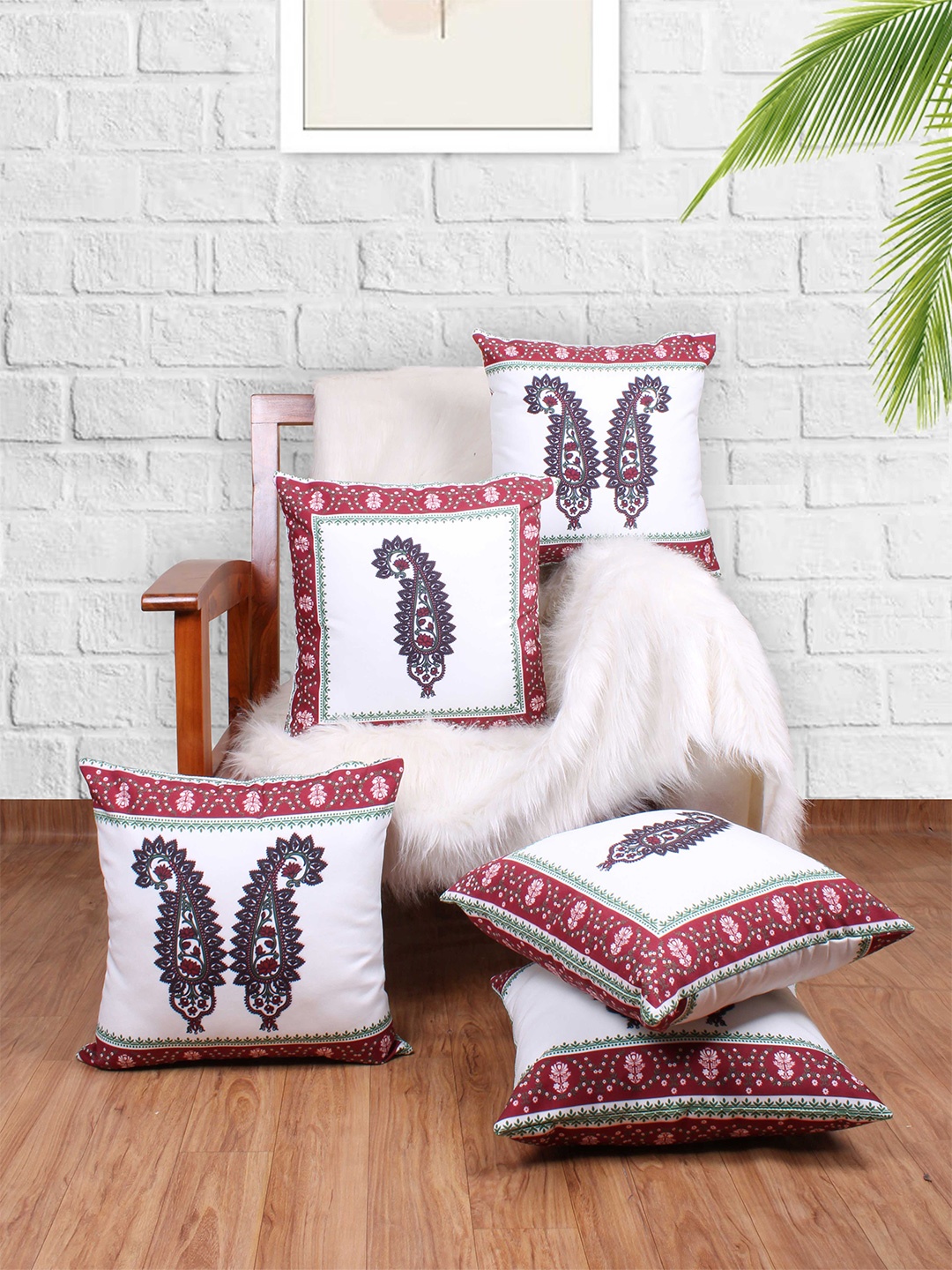 

STITCHNEST White & Red 5 Pieces Ethnic Motifs Square Cushion Covers