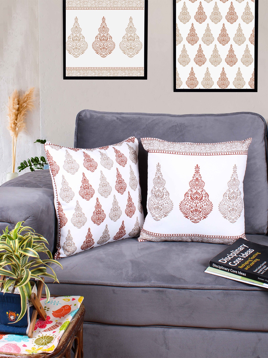 

STITCHNEST White & Brown 2 Pieces Ethnic Motifs Square Cushion Covers