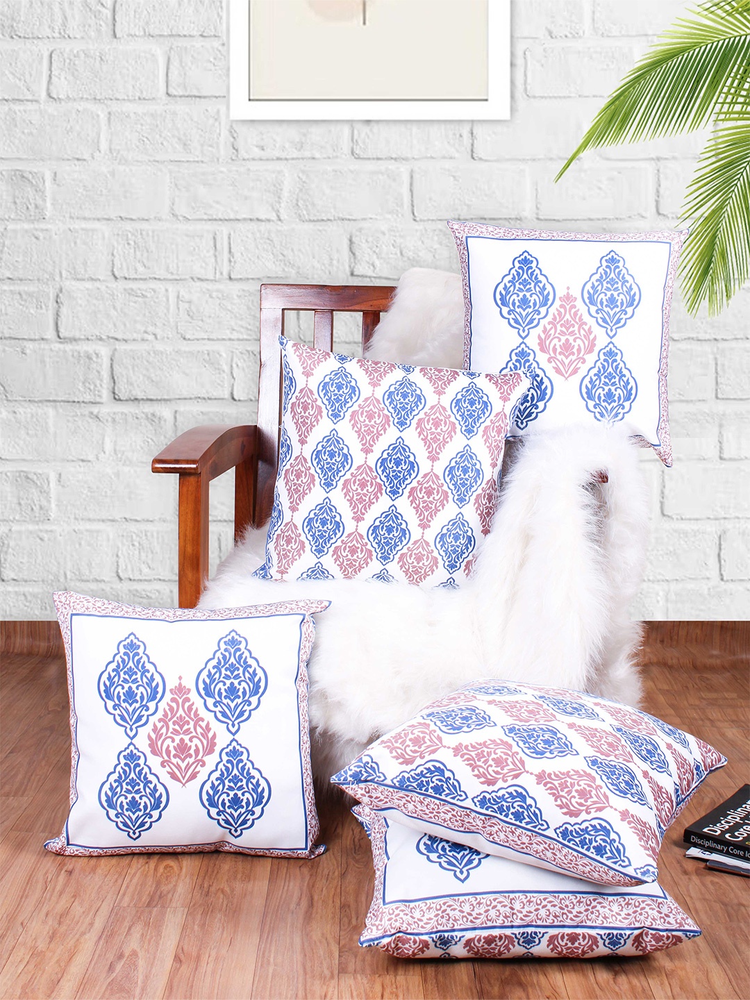 

STITCHNEST Red & White Set of 5 Ethnic Motifs Square Cushion Covers