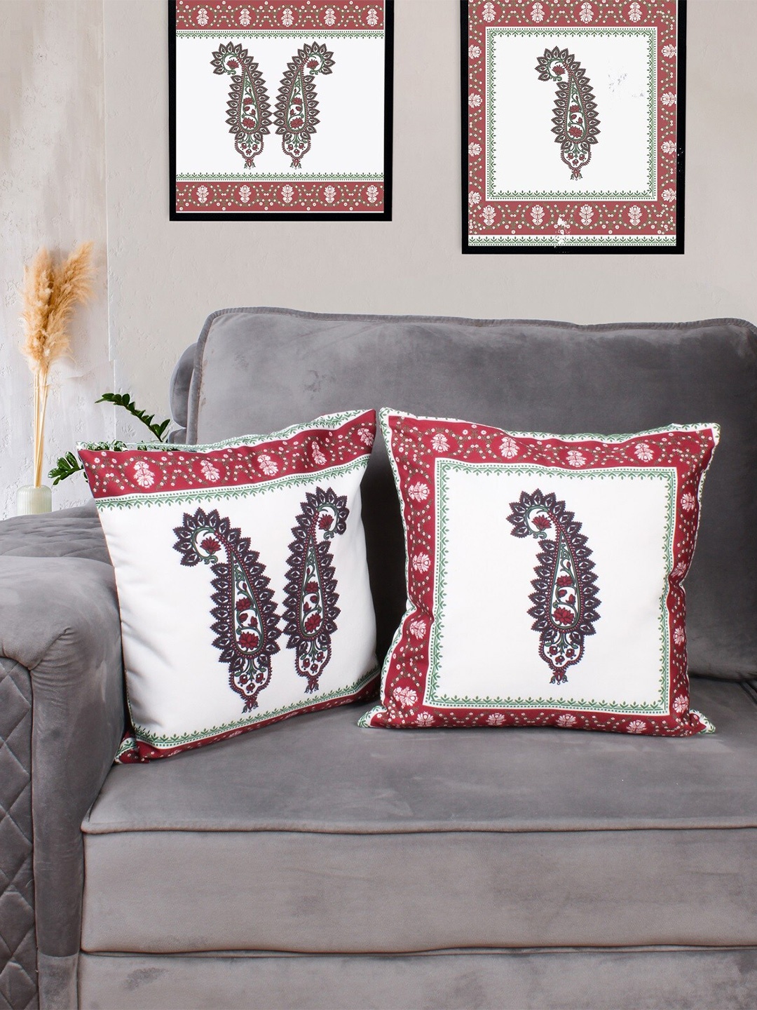 

STITCHNEST White & Red Set of 2 Ethnic Motifs Square Cushion Covers