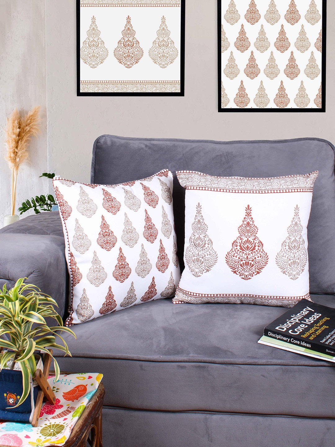 

STITCHNEST White & Brown 2 Pieces Ethnic Motifs Square Cushion Covers