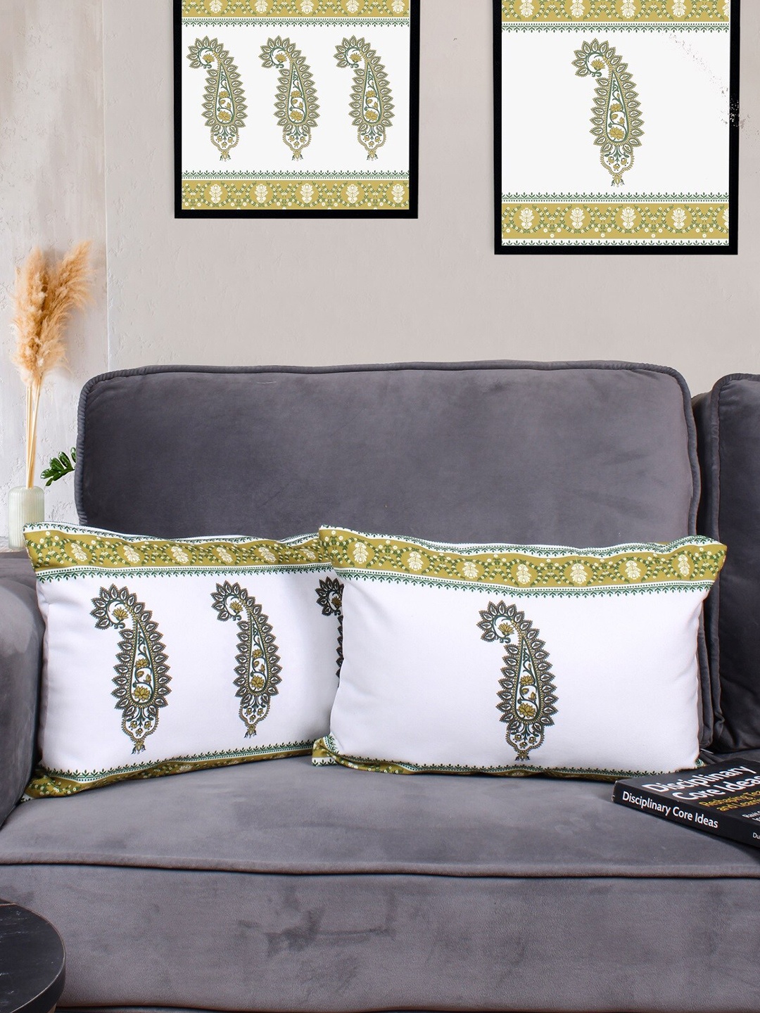 

STITCHNEST White & Green 2 Pieces Ethnic Motifs Rectangle Cushion Covers