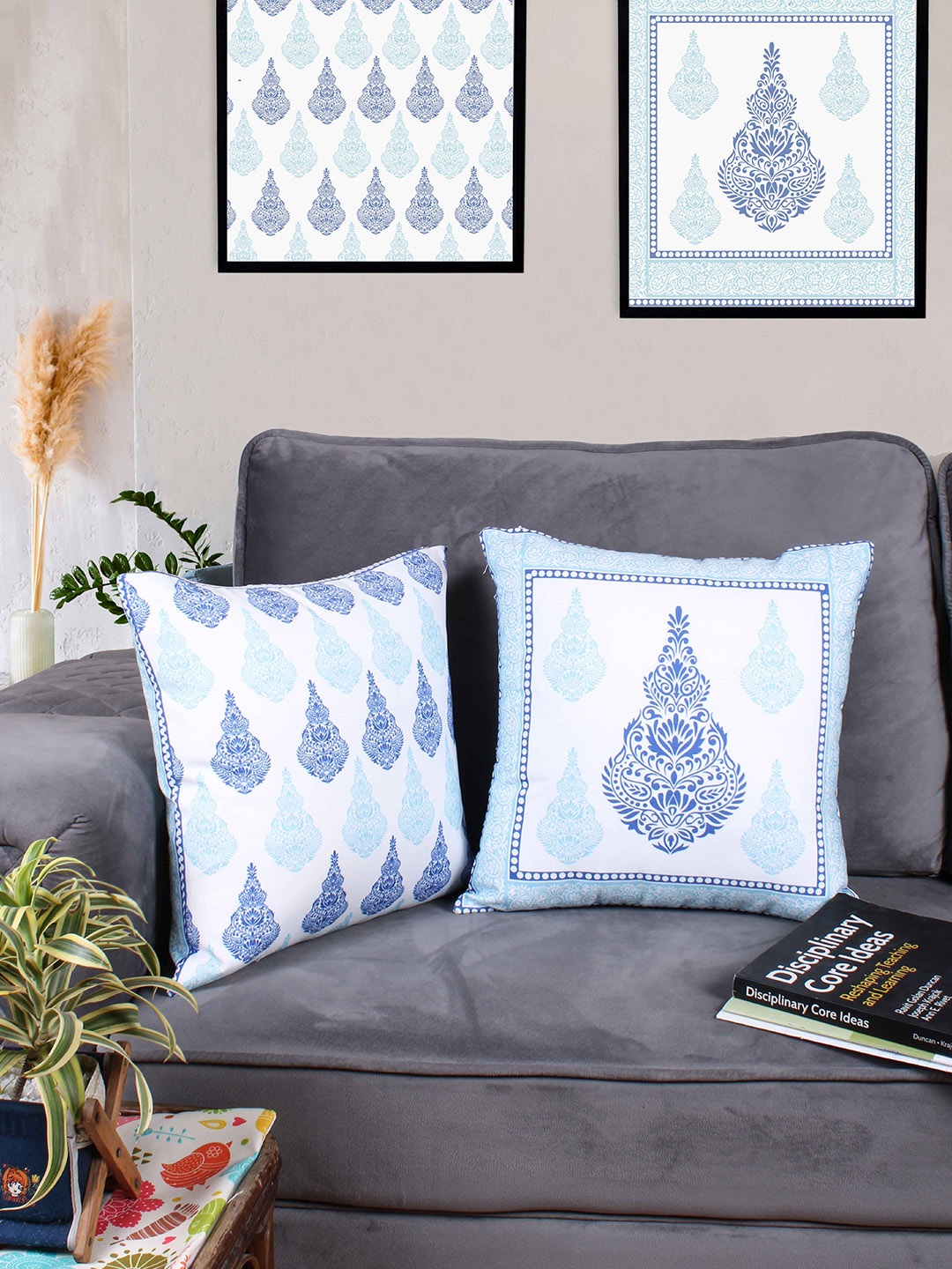 

STITCHNEST White & Blue 2 Pieces Ethnic Motifs Square Cushion Covers