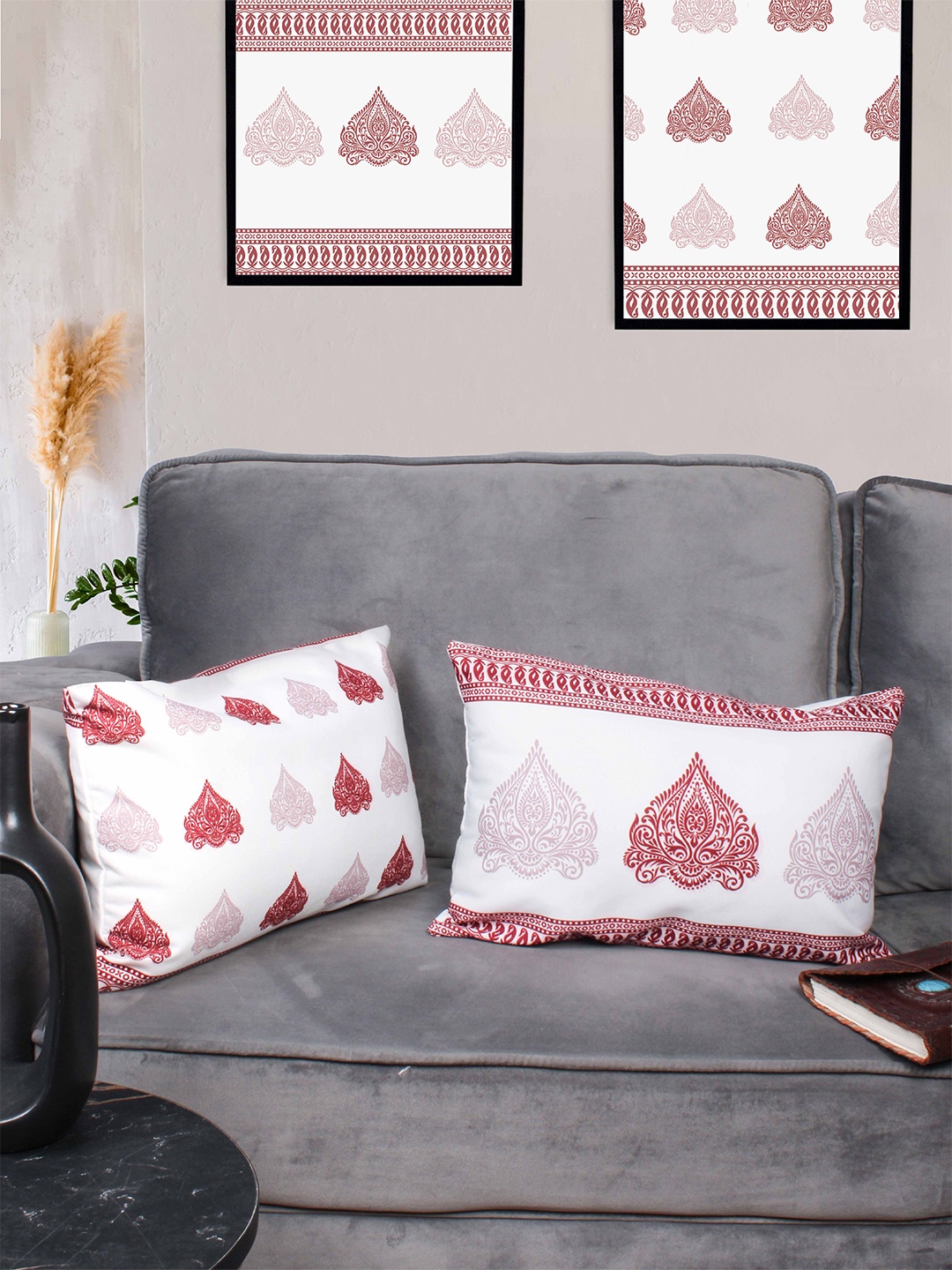 

STITCHNEST Red & White 2 Pieces Ethnic Motifs Rectangle Cushion Covers