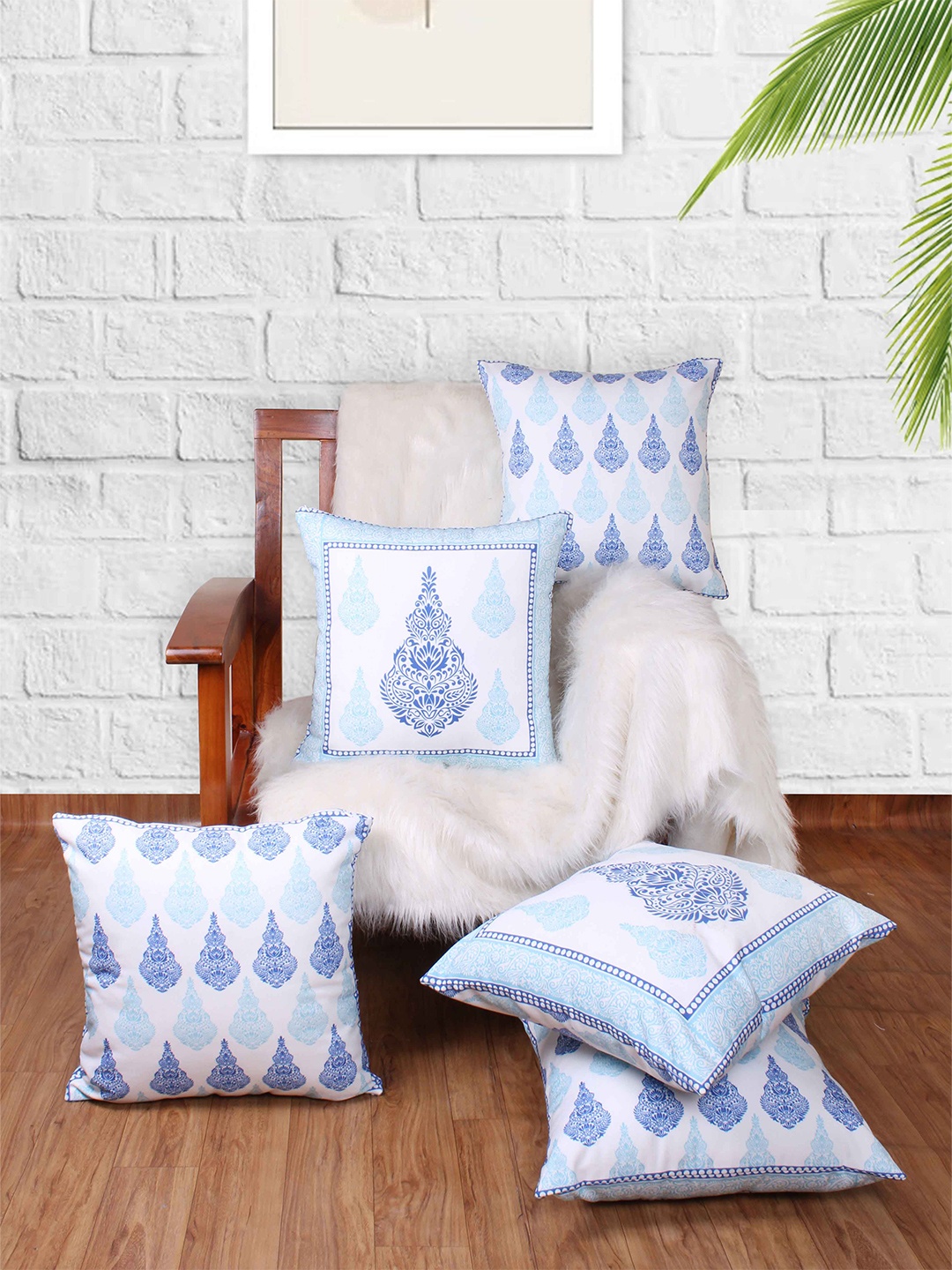 

STITCHNEST White & Blue 5 Pieces Ethnic Motifs Square Cushion Covers