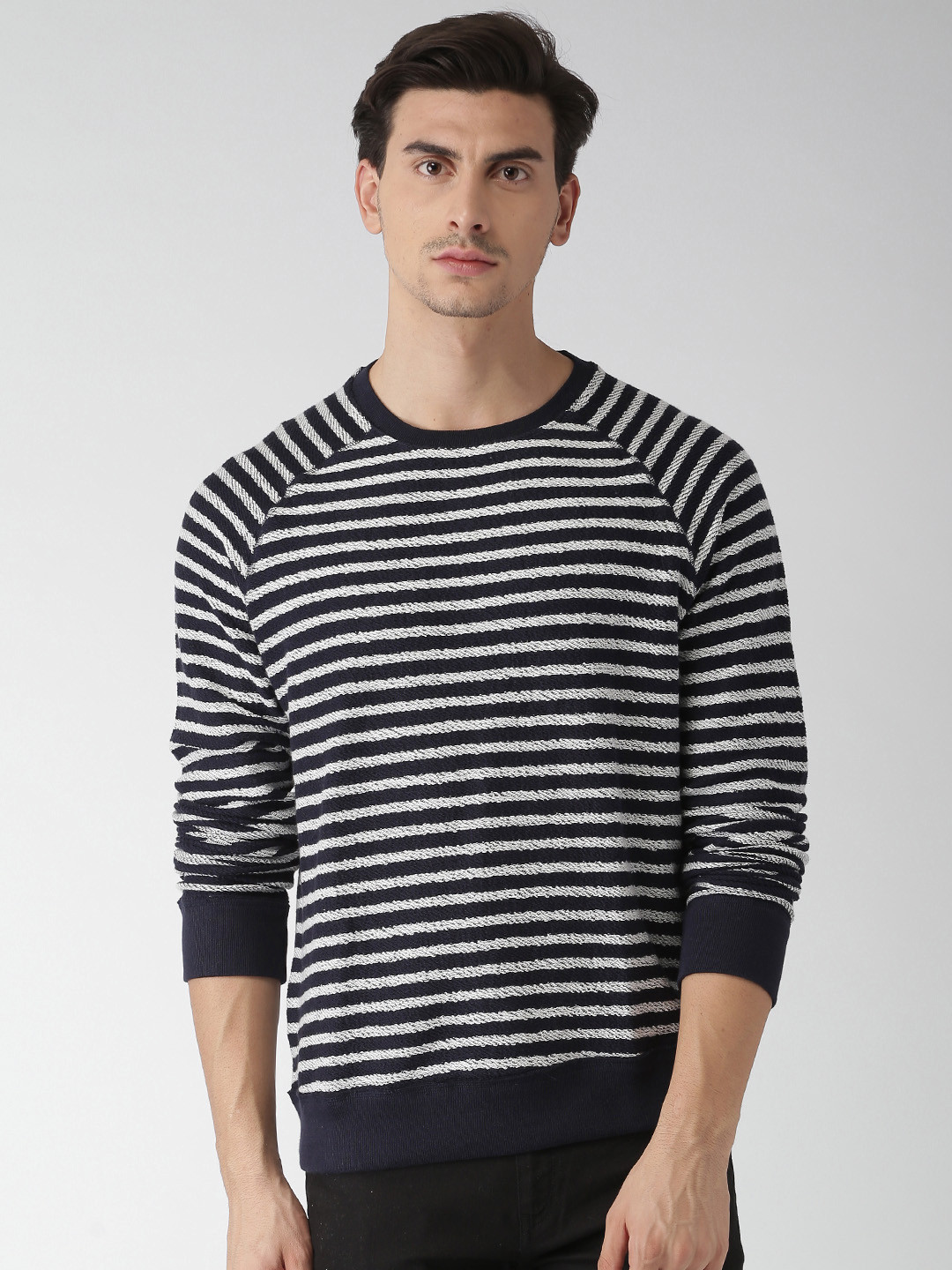 

Aeropostale Men Navy Blue & Off-White Striped Sweatshirt
