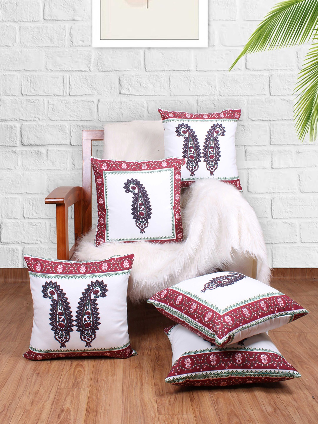 

STITCHNEST White & Red 5 Pieces Ethnic Motifs Square Cushion Covers