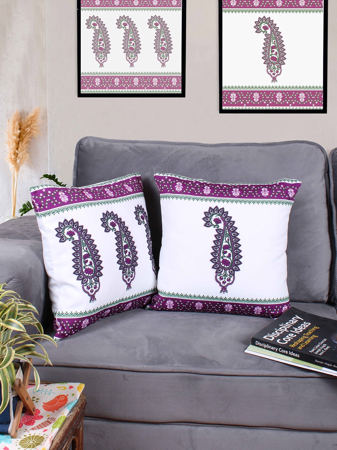 

STITCHNEST White & Purple 2 Pieces Ethnic Motifs Square Cushion Covers