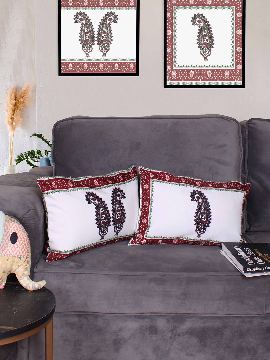 

STITCHNEST Red & White 2 Pieces Ethnic Motifs Square Cushion Covers