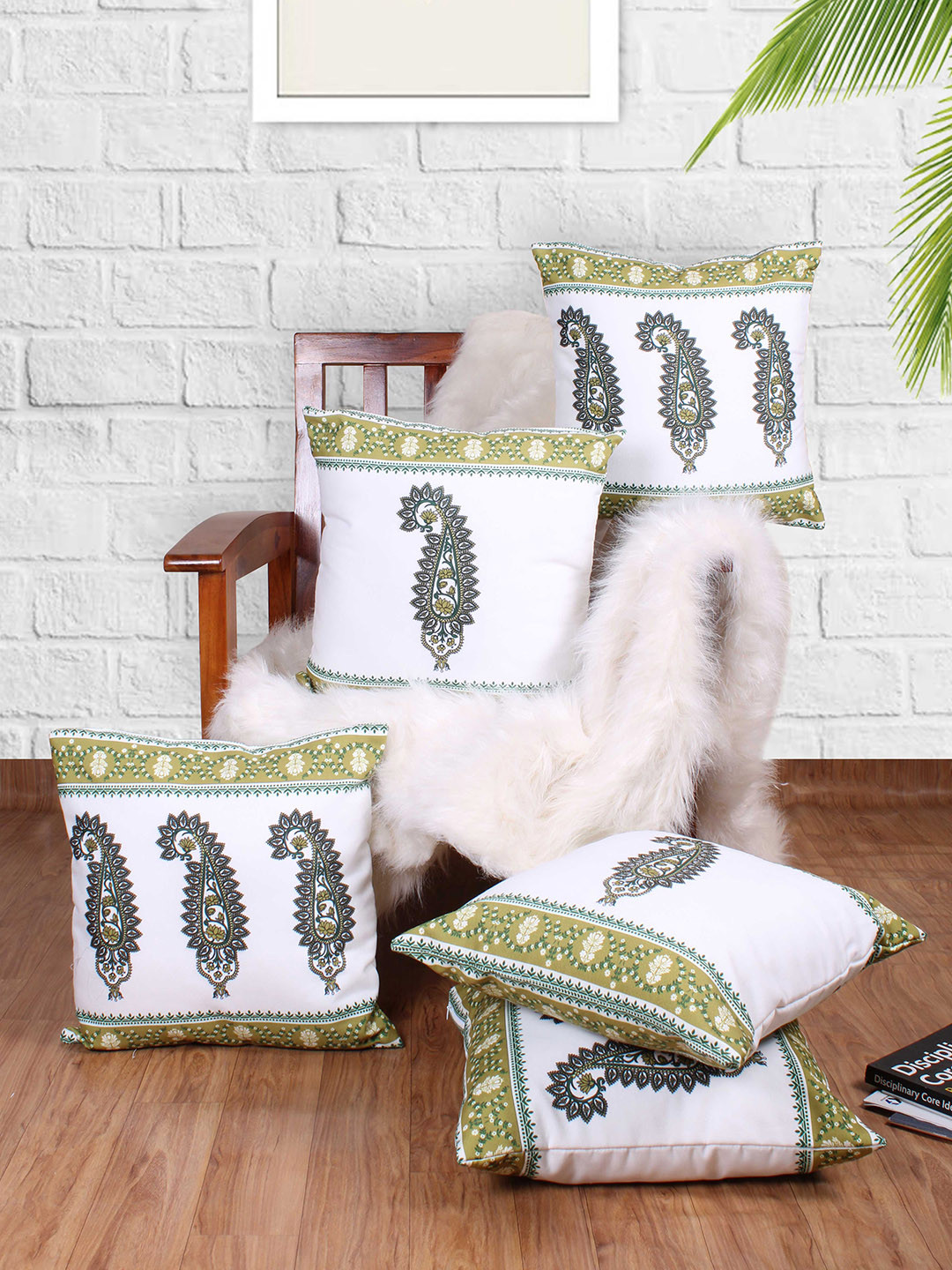 

STITCHNEST White & Green 5 Pieces Ethnic Motifs Square Cushion Covers