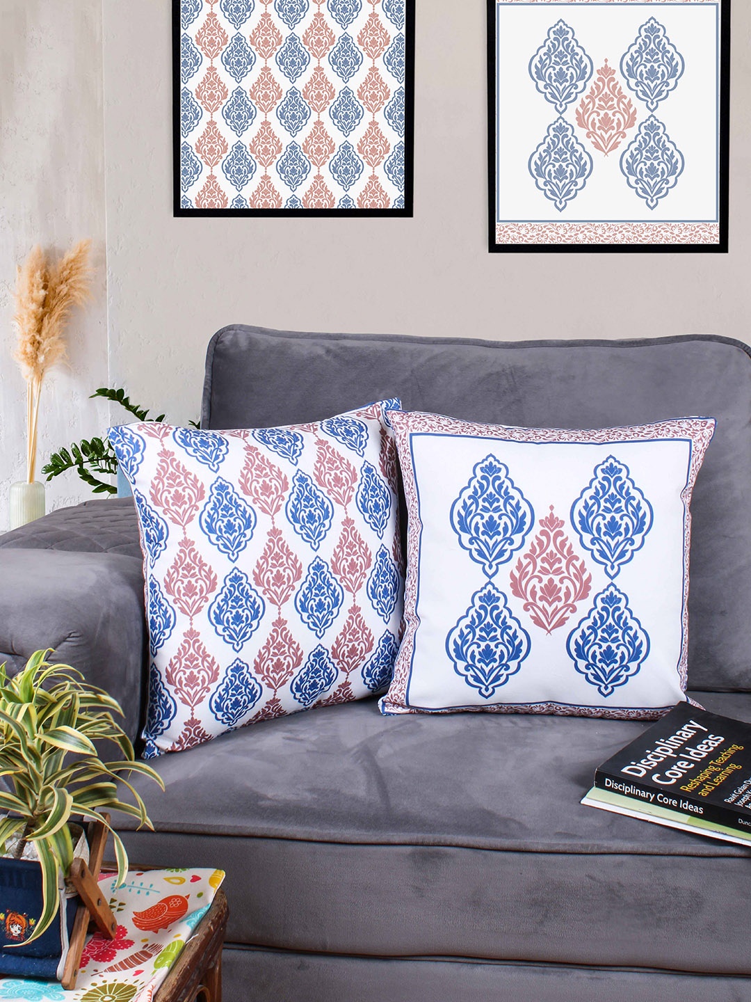 

STITCHNEST Red & White 2 Pieces Ethnic Motifs Square Cushion Covers