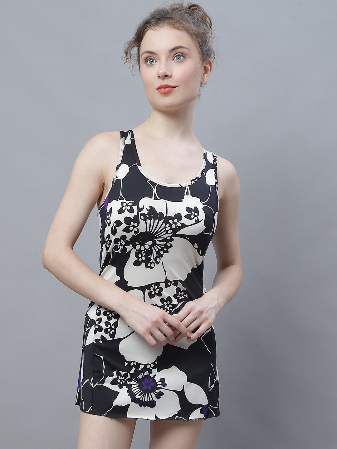

TAG 7 Floral Printed Full Coverage A-Line Swimming Dress, Black