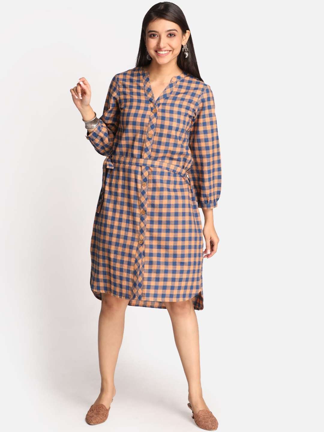 

Earthwear Checked Belted Manadrin Collar Pure Cotton Shirt Dress, Navy blue