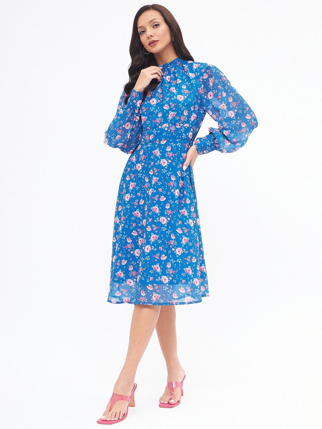 

Kibo High Neck Floral Print Georgette Shirt Dress, Blue