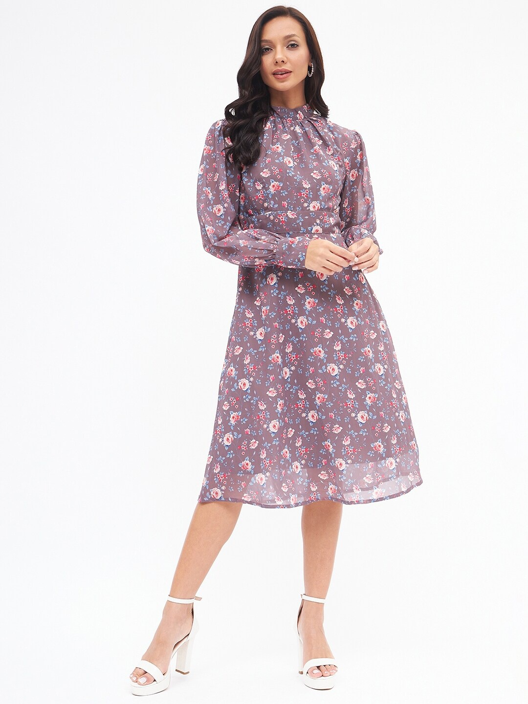 

Kibo Floral Print Georgette Fit & Flare Dress, Brown