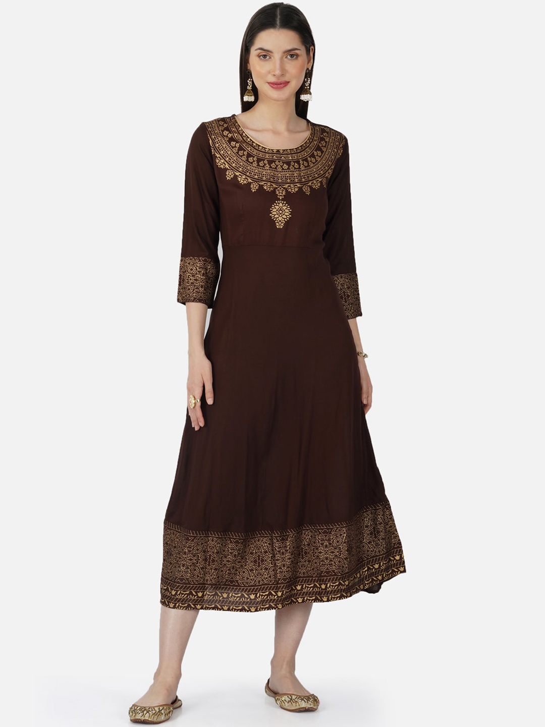 

SkyaSia Printed A-Line Ethnic Dress With Dupatta, Coffee brown