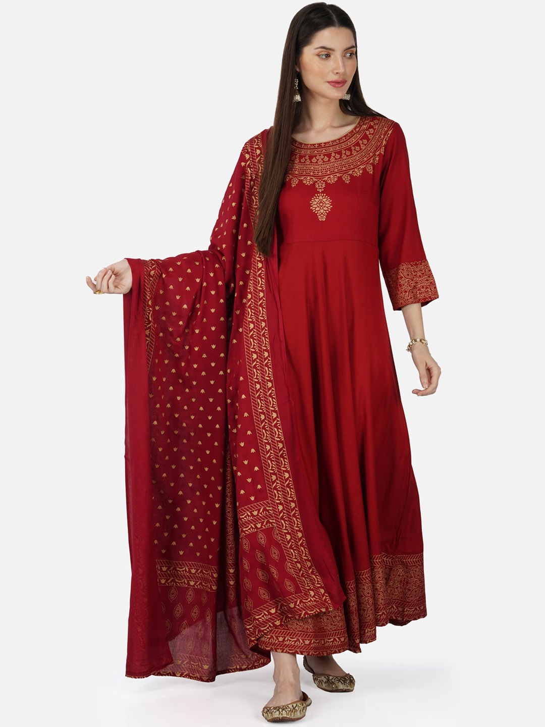 

SkyaSia Ethnic Motifs Printed Maxi Ethnic Dress With Dupatta, Maroon