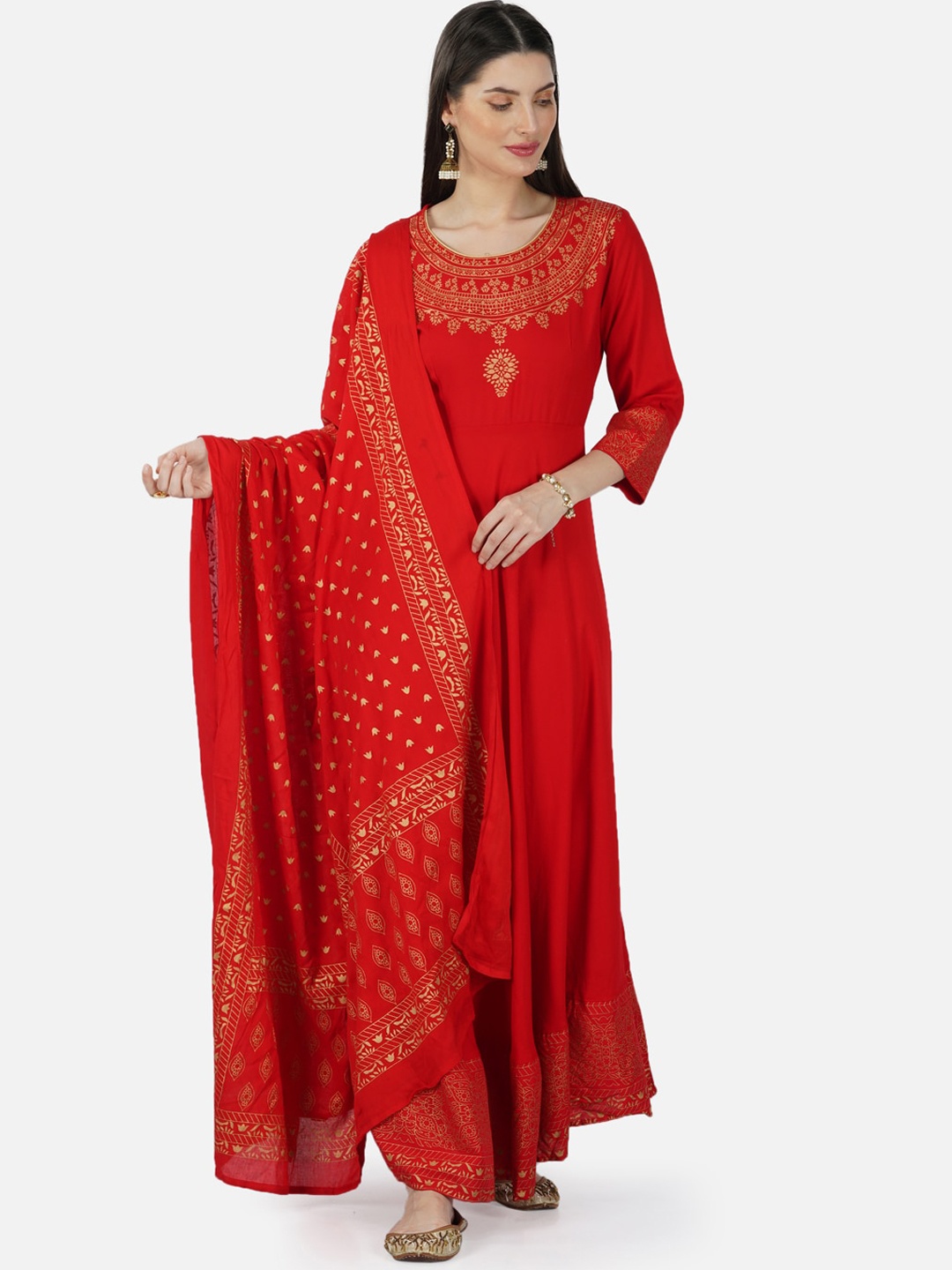 

SkyaSia Printed A-Line Ethnic Dress With Dupatta, Red
