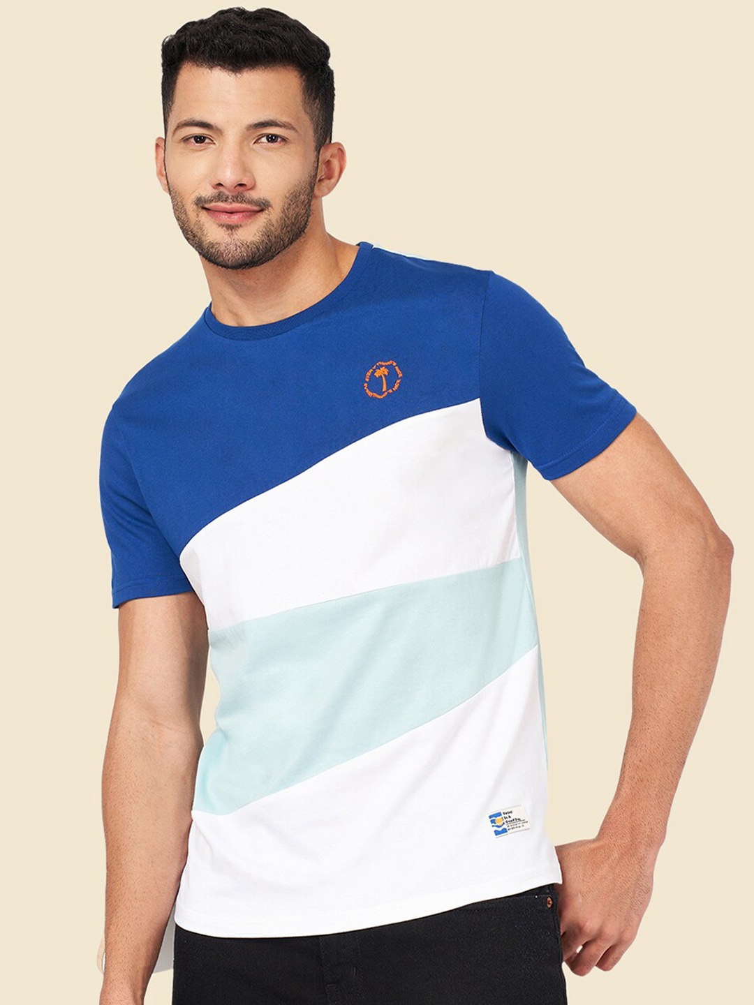 

People Colourblocked Round Neck Cotton T-shirt, Blue