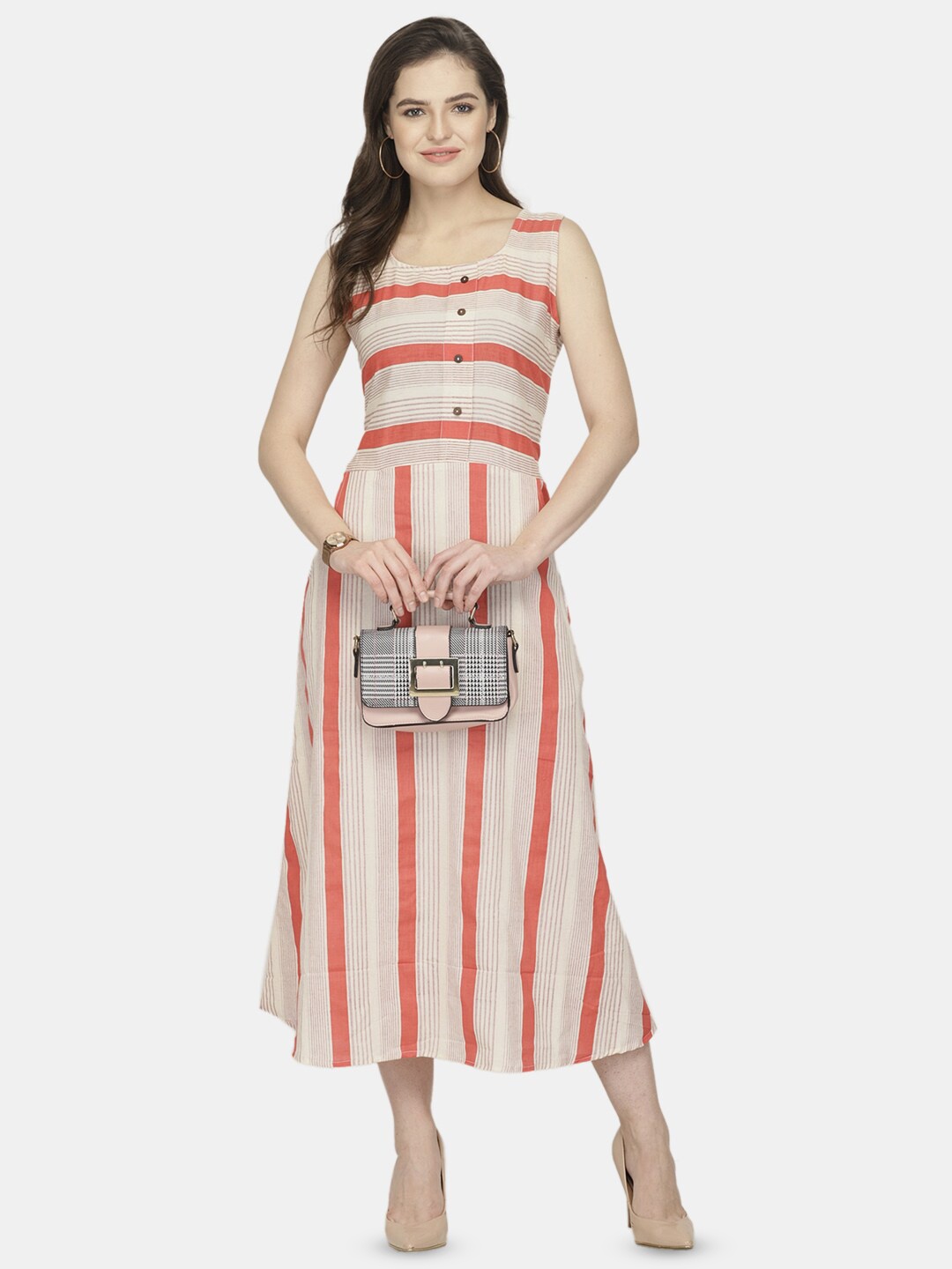 

Enchanted Drapes Striped Fit & Flare Midi Cotton Dress, Red