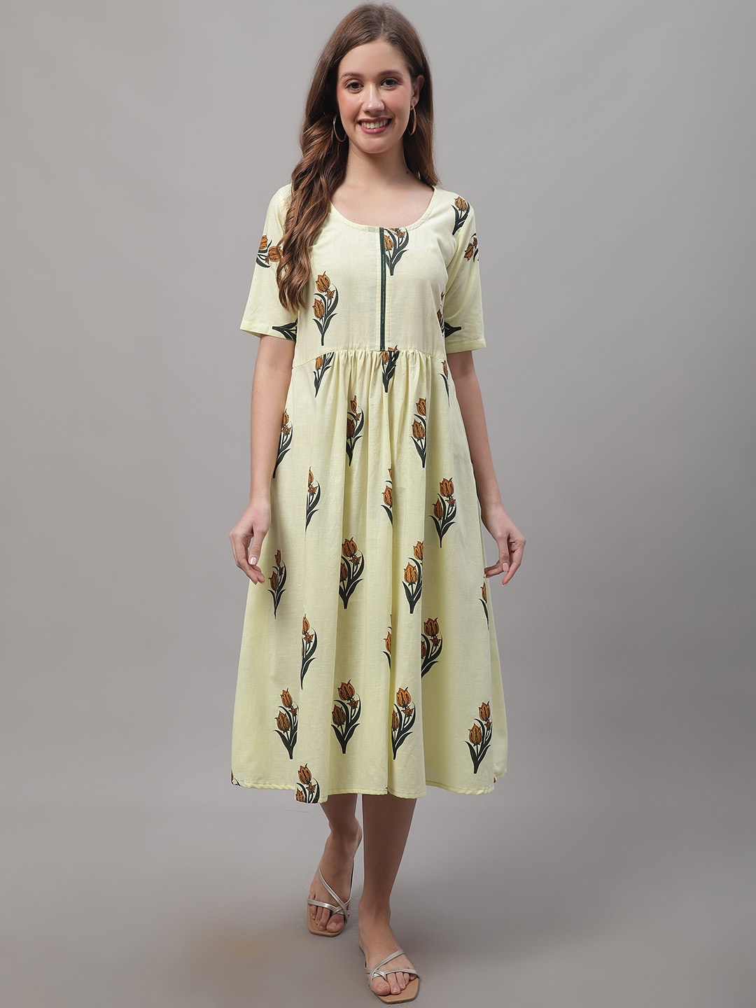 

Enchanted Drapes Floral Print Fit & Flare Midi Cotton Dress, Yellow