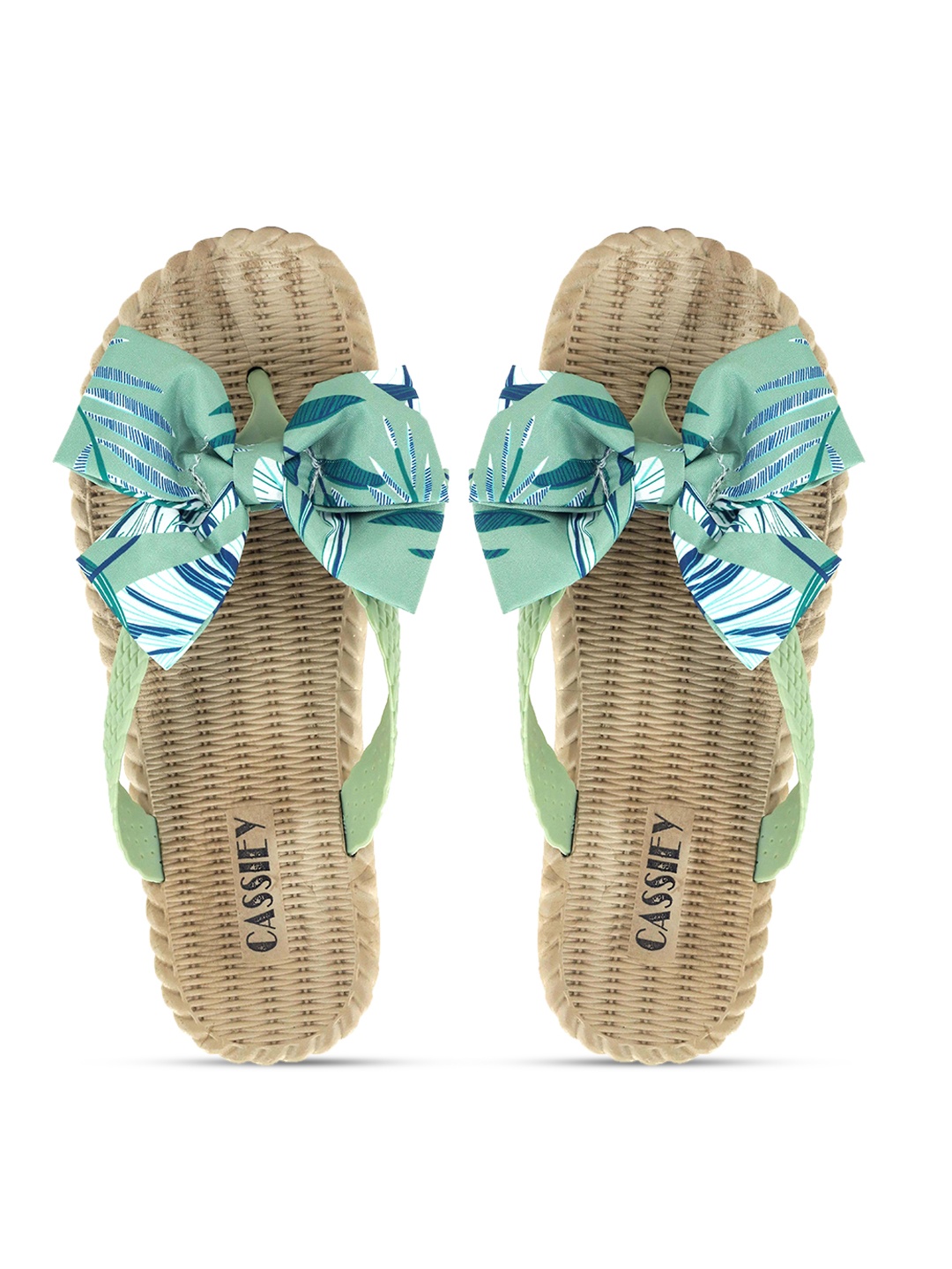 

CASSIEY Women Printed Thong Flip-Flops With Bows, Sea green