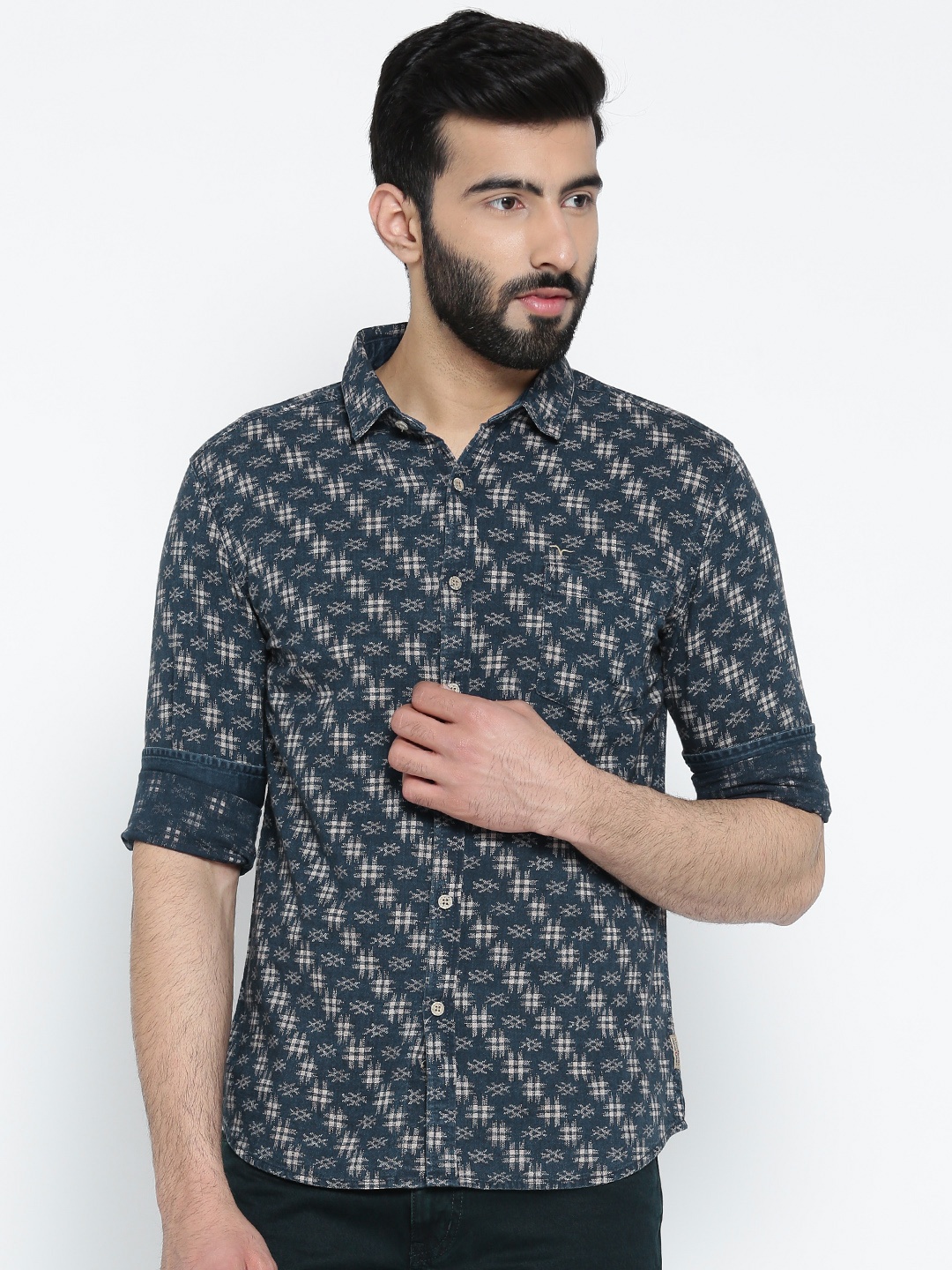 

Flying Machine Men Navy Blue & Beige Self-Design Casual Shirt