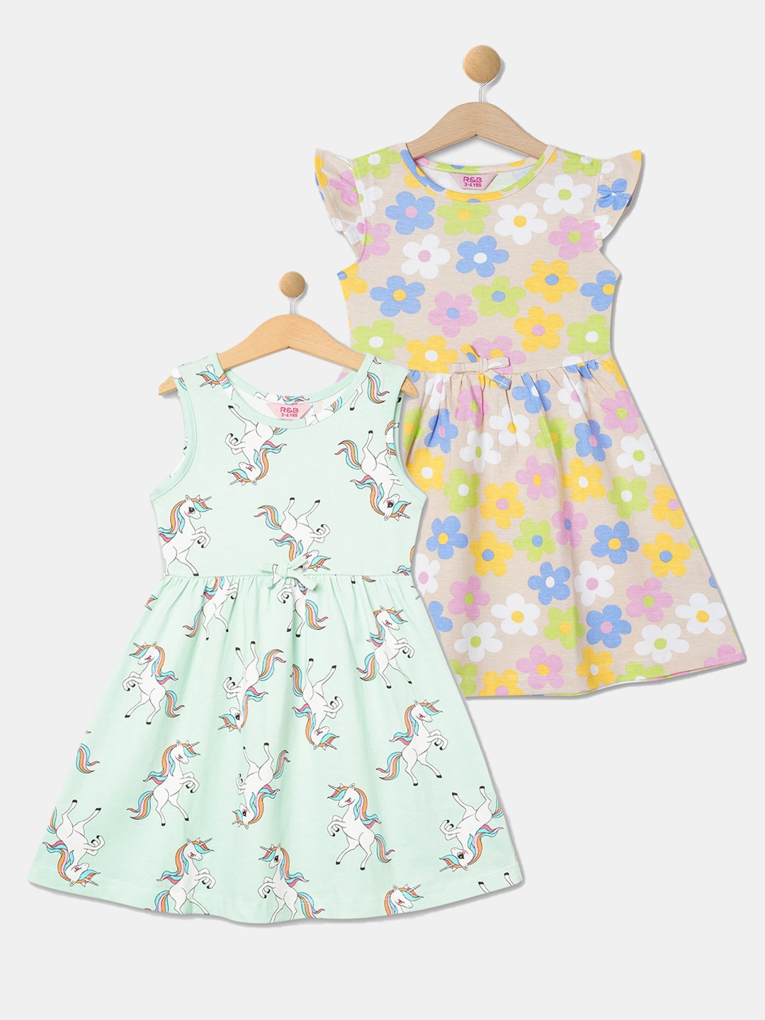 

R&B Girls Pack Of 2 Floral Printed Cotton Fit & Flare Midi Dress, Sea green