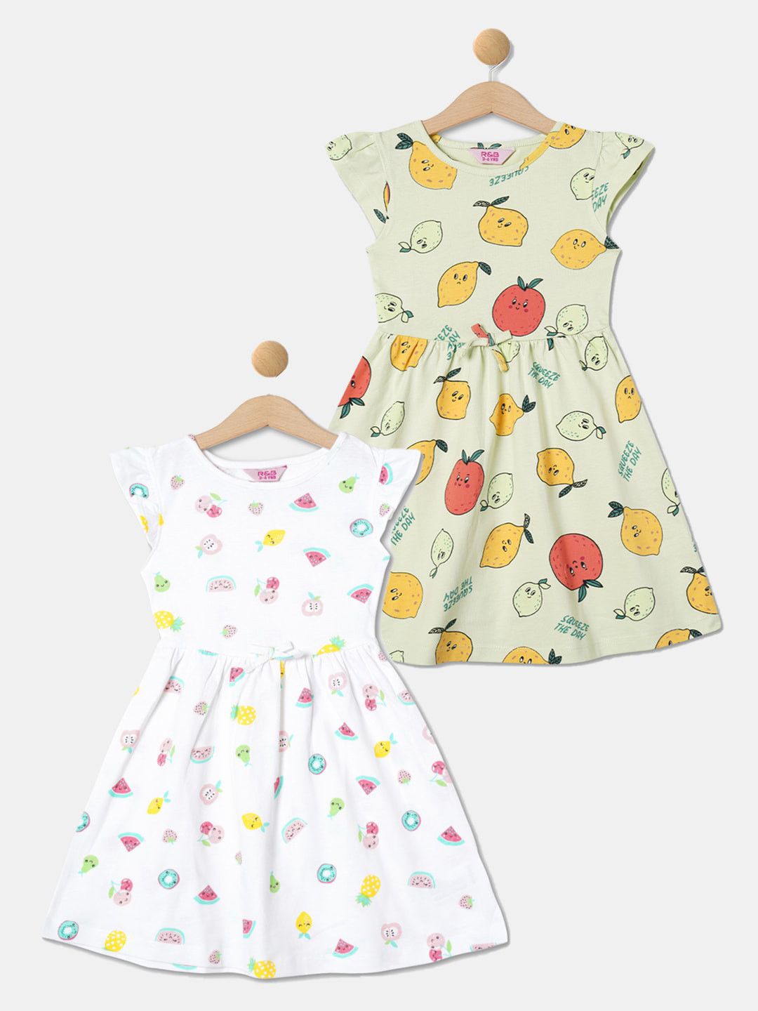 

R&B Girls Pack Of 2 Conversational Printed Cotton Fit & Flare Midi Dress, White